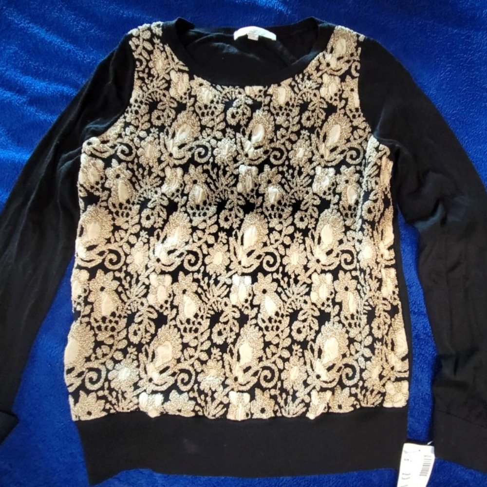 Anne Taylor Black Sweater with Gold and Tan print on the front. Size L